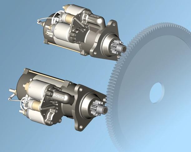 11. ábra. Két párhuzamosan működő menetes tengelyű indító motor elhelyezése (Fotó: Bosch)