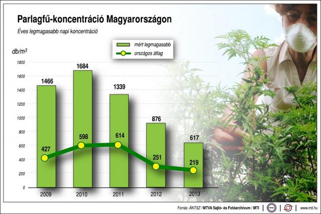 Parlagfű-koncentráció Magyarországon, 2009-2013; éves legmagasabb napi koncentráció;