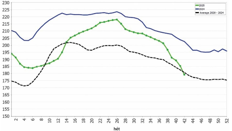 100 kg vágott félsertés átlagára, euró (forrás: EU Bizottság)