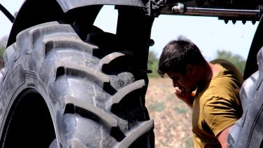 Gépvásárló gazda egy mezőgazdaságigép-bemutatón