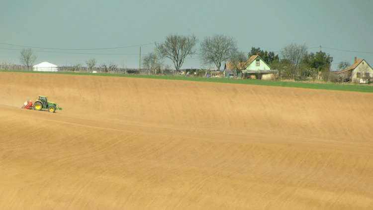 Traktor talajművelést végez aszályos táblán