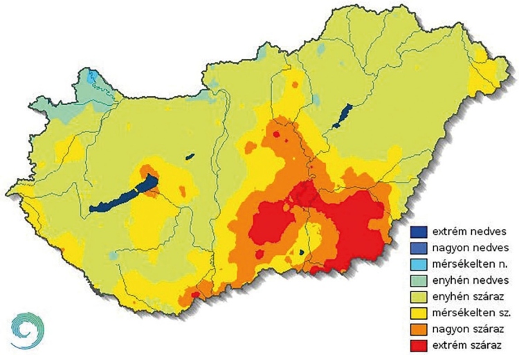 5. ábra. A három havi standardizált csapadékindex (SPI) területi eloszlása 2025. tavaszi–nyári féléves periódusban – aszálytérkép (forrás: HungaroMet)