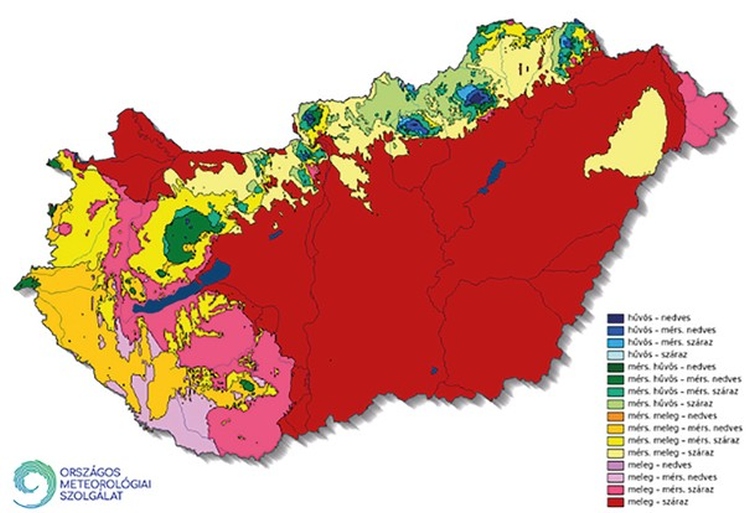 7. ábra. Magyarország éghajlati körzetei 1991–2020 között Péczely osztályozása alapján