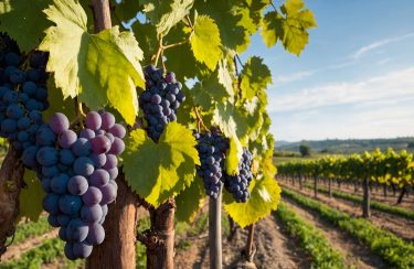 Érett szőlőfürtök az ültetvényben