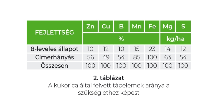 A kukorica által felvett tápelemek aránya a szükséglethez képest